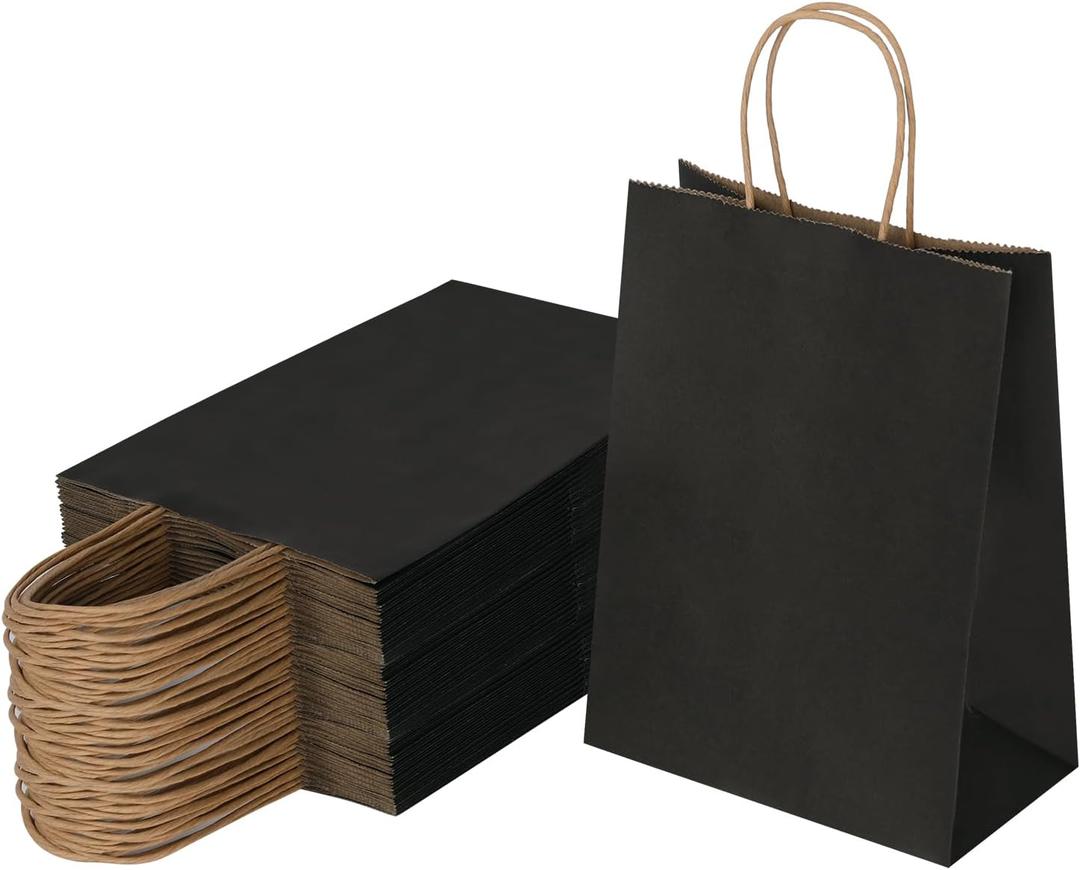 Joybe 50 Pack 6x3.25x8 Inch Small Black Paper Bags with Handles Bulk, Kraft Paper Gift Bags for Birthday Party Favors Grocery Retail Shopping Business Goody Merchandise Craft Blank Sacks (50pcs)