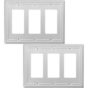 Triple Decorator Light Switch Cover Belaire Beaded Metal Wall Plate, 2-Pack Brushed Nickel 3 Gang Triple Rocker, Receptacle Dimmer Switch Cover GFCI Outlet Decorative Wallplate, Durable