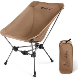 Camptime Portable Camping Chair, Lightweight Compact Backpacking Chair with Side Pocket, Wide Seat Folding Chair for Camping, Hiking, Beach - Supports 330Lbs, Khaki