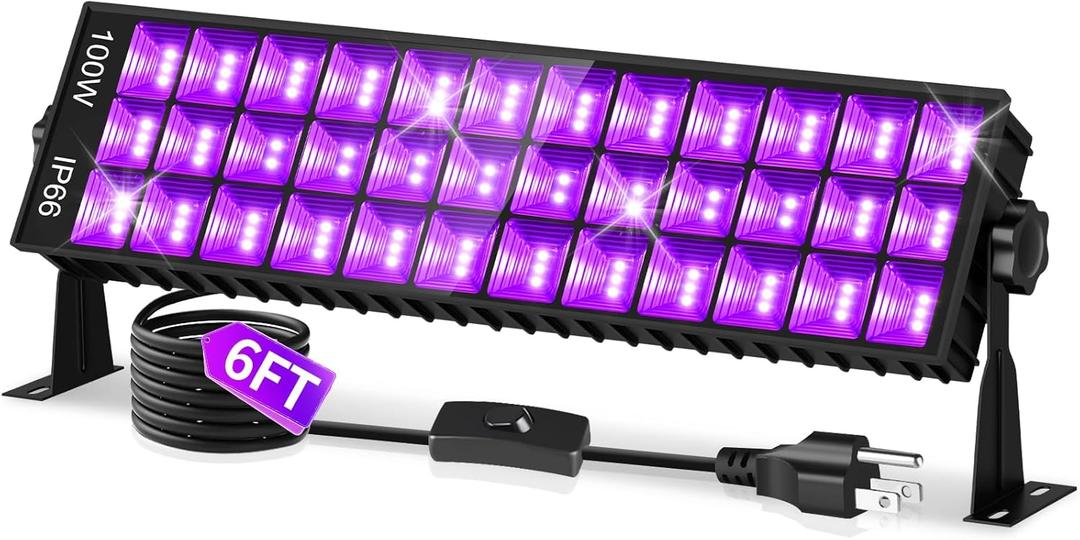 100W Black Light Bar IP66 Waterproof, LED Blacklight with Plug+Switch+6ft Cord, Indoor/Outdoor Black Lights, Light Up 1400 sq.ft, for Neon Glow Party Body Paint Fluorescent Poster Classroom Halloween