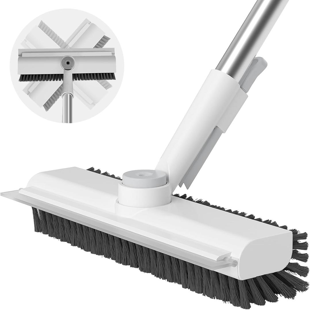 Floor Scrub Brush with Long Handle, 3 in 1 Scrape and Heavy-Duty Stiff Bristle Scrubber Brush for Cleaning Shower Bathroom, Patio, Pool, Garage, Kitchen, Wall and Deck (White, 1 Pack)