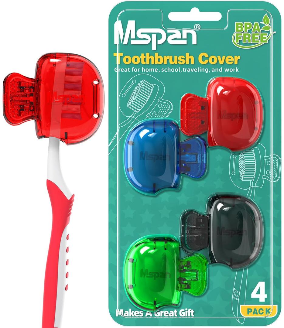 Mspan Toothbrush Head Cover Cap: Toothbrush Protector Brush Pod Case Protective Plastic Clip Bathroom Cool Stuff for Household Travel (Blue, Red, Green, Black)