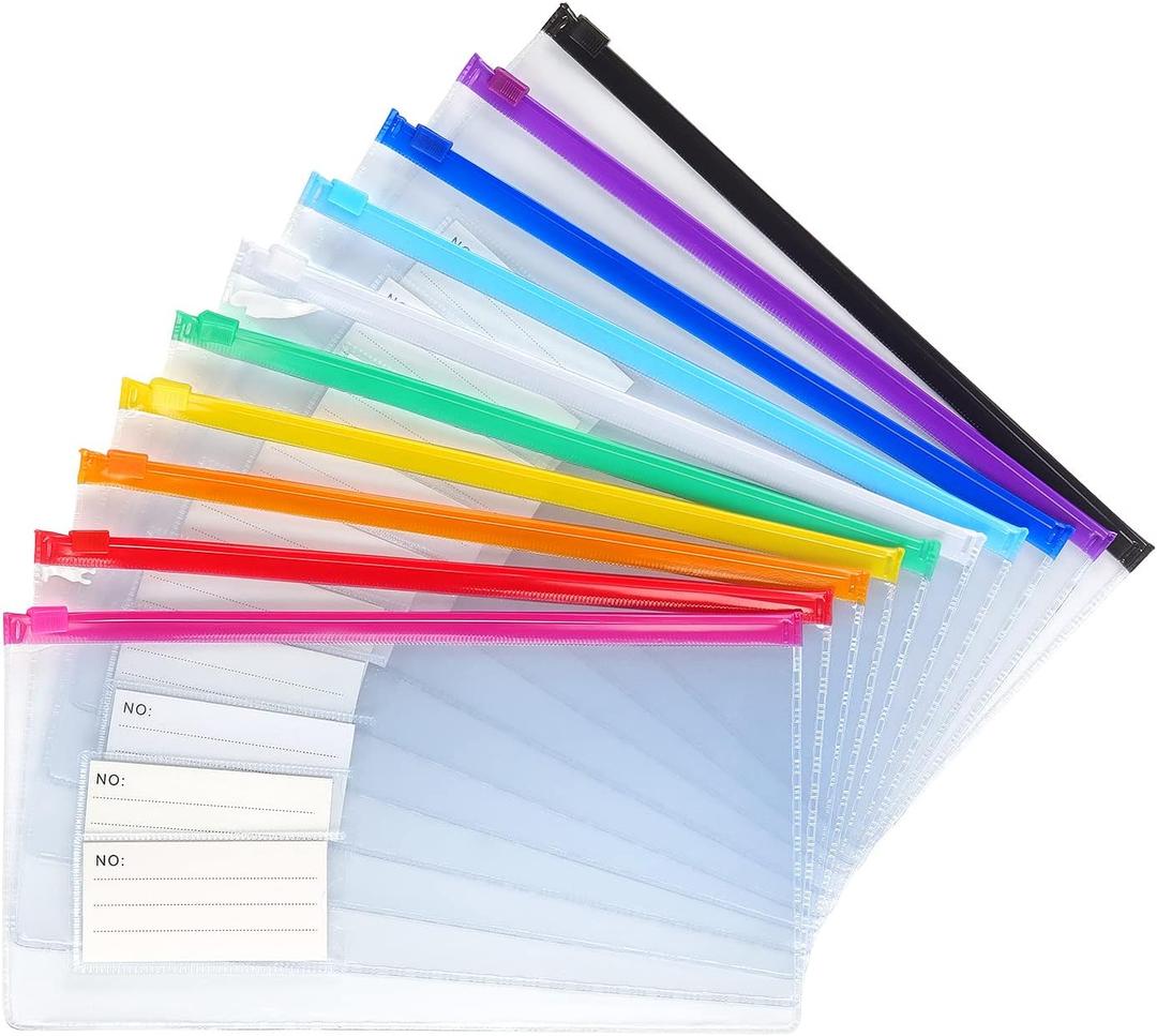 Tamaki 10 Pack Zipper Plastic Envelopes, Small Plastic Envelopes, A6 Size for Pencil Case Bulk, Bill Bag, 10 Colors (9x4.7 Inch)