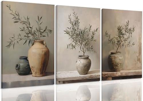3Pcs Framed Vintage Vase Canvas Wall Art Green Rustic Olive Branch Wall Decor Pictures Antique Still Life Plant Posters Paintings Prints for Bedroom Living Room Kitchen Artwork Home Decoration