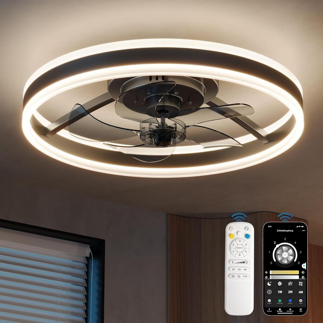 CubiCubi Modern Ceiling Fans, 20 Inch Black Ceiling Fan with Lights and Remote Control, APP, LED Fandelier with 3CCT and 6 Wind Speeds, Low Profile Ceiling Fans with Lights for Bedroom, Office