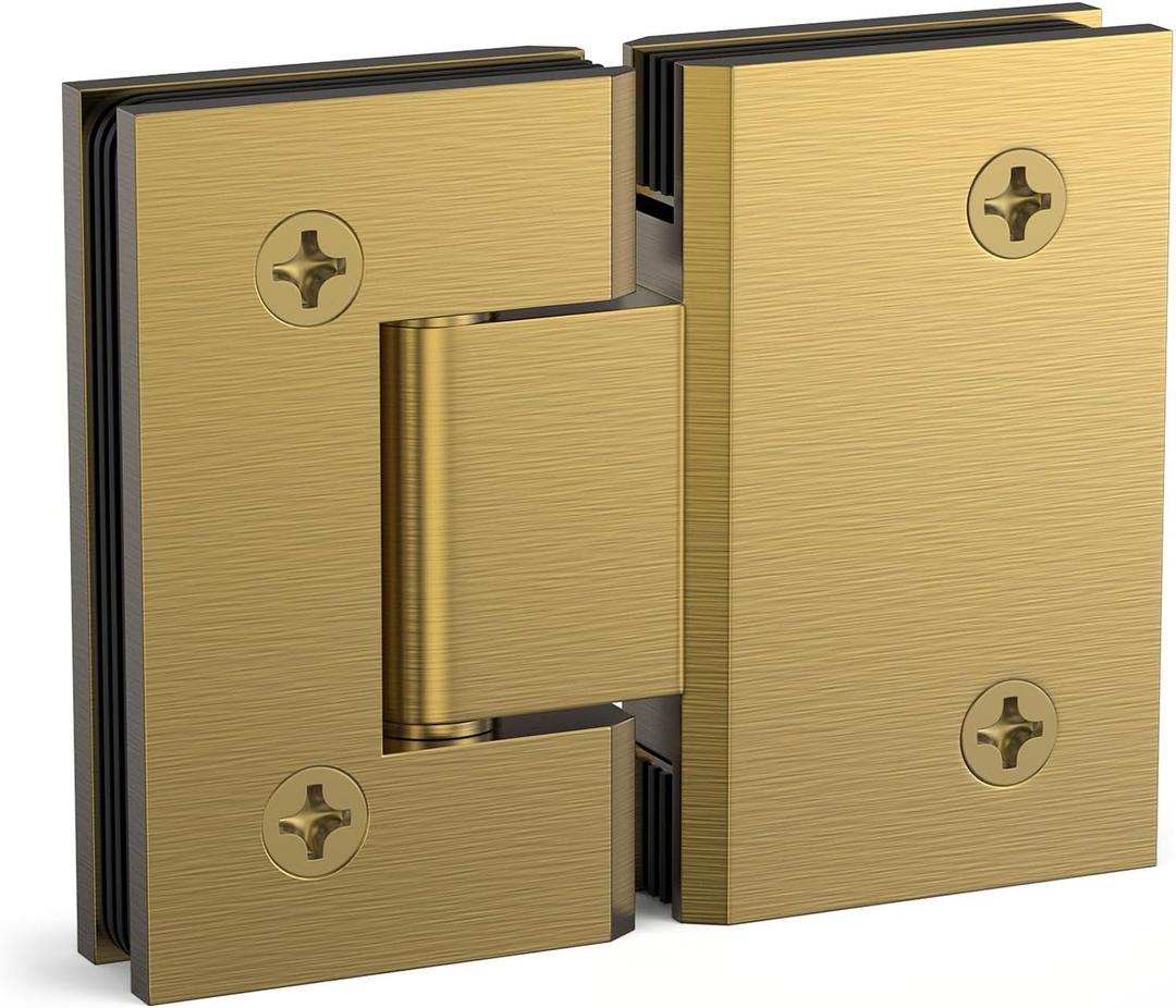 180 Degree Glass Shower Door Hinges Heavy Duty Solid Brass, Shower Door Hardware Replacement for 5/16"(8mm) - 1/2"(12mm) Thickness Tempered Glass (Brushed Gold, 1Pack, 180 Degree)