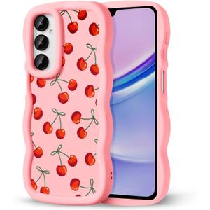 Compatible with Galaxy A15 5G Phone Case for Women Girls, Curly Wavy Frame with Cute Pattern, Aesthetic Slim Soft Silicone TPU Bumper Shockproof Phone Case for Samsung A15 - Bow Cherry