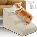 Dog Ramp 3 Steps for Small Dogs and Cats Straw Yellow, Pet Stair for Sofa and Bed Non-Slip Foam Dog Steps with Removable Washable Cover, Send Lint Sticky Roller Set