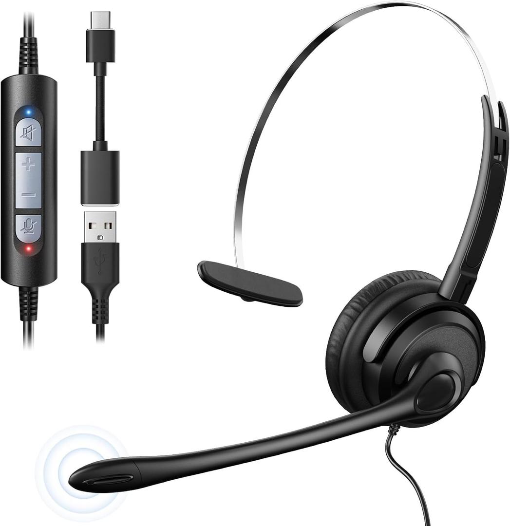 Voistek USB Headset with Microphone, Wired Computer Headset for Laptop/PC with Noise Cancelling Mic, Mono Headphones with in-Line Volume Control for Work, Office, Teams, Zoom, Skype, Online Class