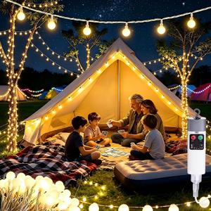 Joomer Camping String Lights, Camping Essentials Gear 33FT 100LED Rechargeable Ball Lights Waterproof, Outdoor String Light with 13 Modes for Awn Tent Garden Hiking Travel Decoration (Warm White)