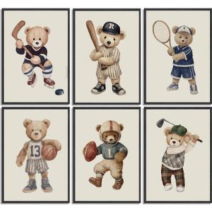 6pcs Teddy Bear Sports Wall Art Vintage Animal Nursery Wall Decor Pictures Boy Sports Rugby Baseball Poster Printing Artwork for Children Bedroom Kids Boy Room Game Room Home Decoration 8X10IN (10L"x8W", brown)