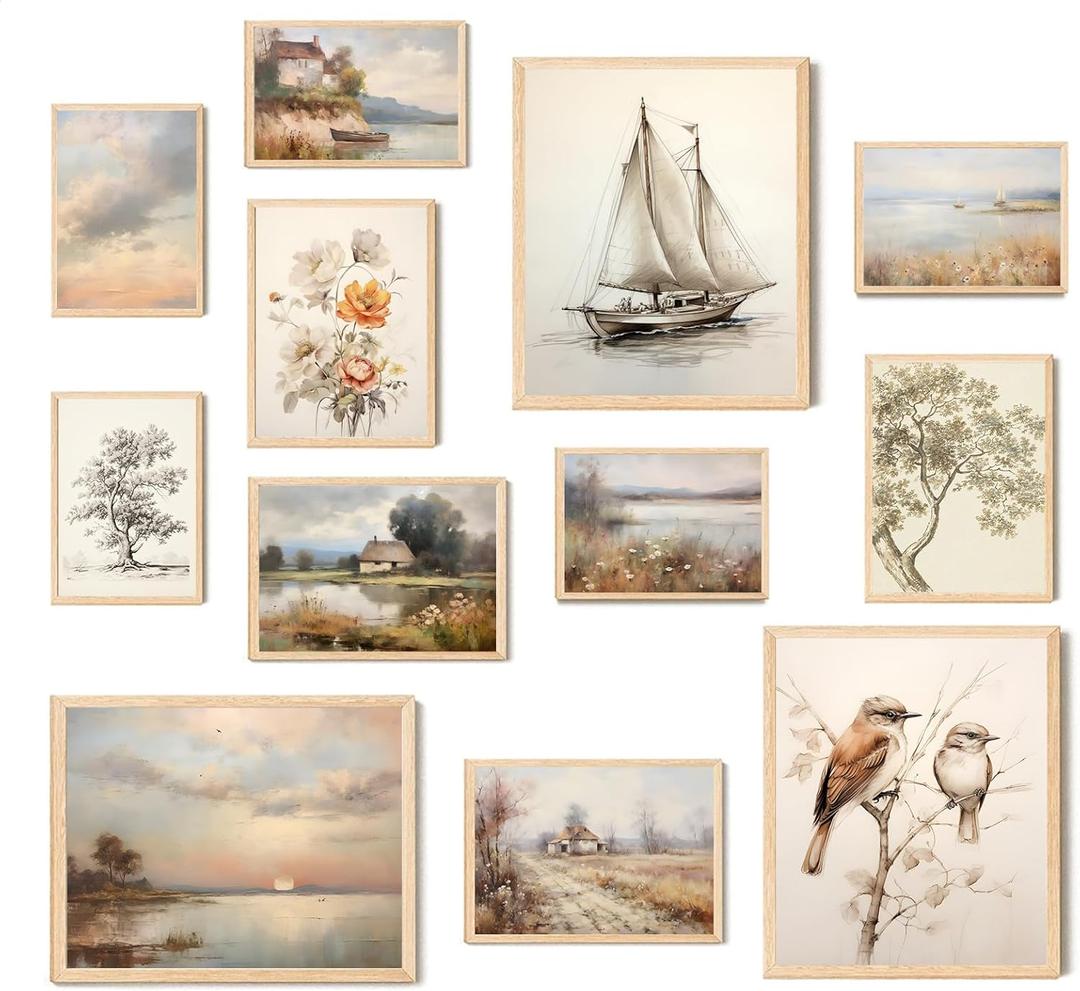 Aroutde Vintage Wall Art Prints Spring French Country Wall Decor Countryside Landscape Painting Canvas Wall Art French Farmhouse Pictures for Bedroom Living Room Gallery Wall Art Set of 12 (Unframed)