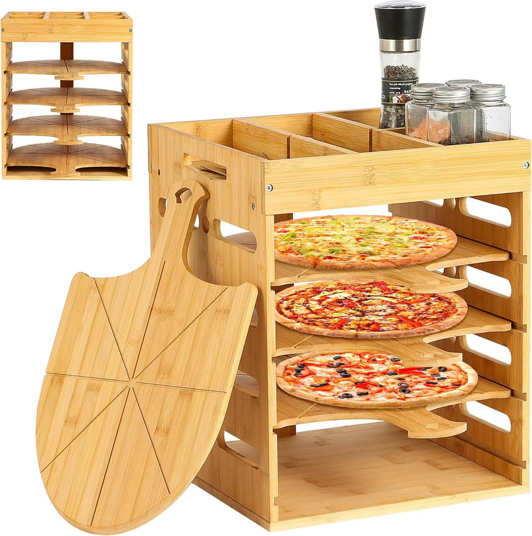 Pizza Peel Rack Stand Wooden, 4 Pack of 12 Inch Pizza Peels Wood, Pizza Peel Rack Holder with Top Storage Free Container Divider, Cutting Grooves for Easy Pizza, Perfect for Family Parties