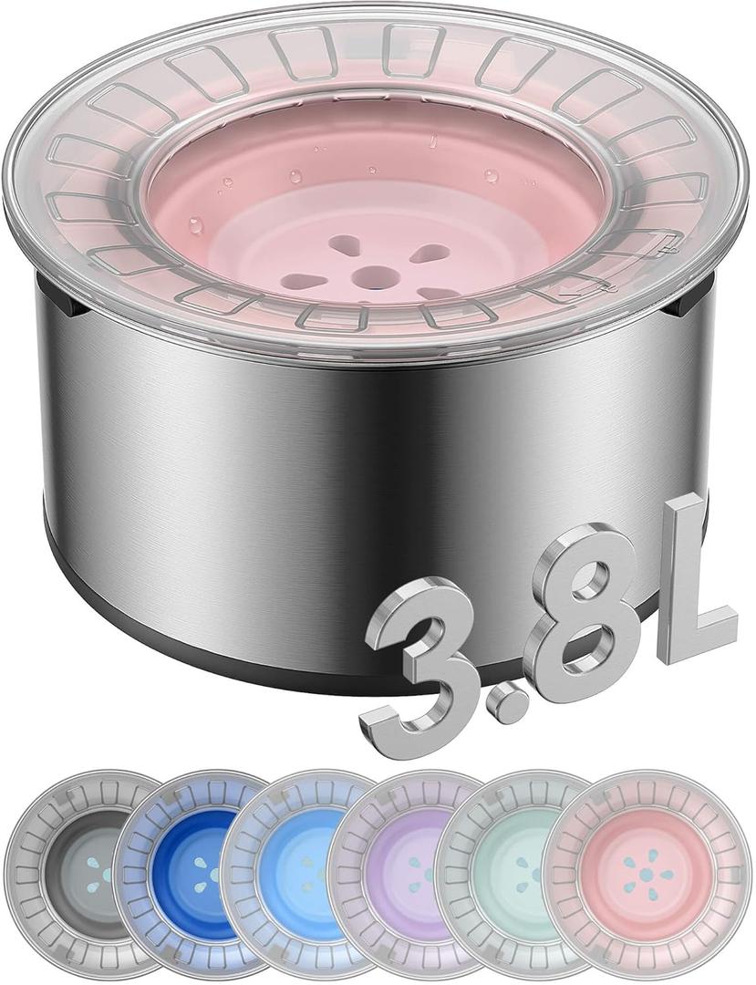 1Gallon Large Dog Water Bowl No Spill, [Anti Digging Lid & Rubber Bottom] Spill Proof Dog Bowl, Anti Splash Mess Dripless Slow Drinking Stainless Steel Water for Sloppy Messy Drinkers Car (Pink)