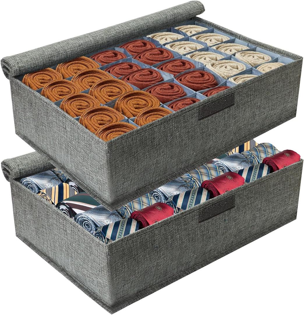 PINGMIC Gray Sock Organizer Divider 2 Pack with Lid - 30 Cell Foldable Closet Storage, Tie Organizer For Men Boxes for Socks, Ties, Belts
