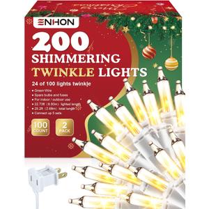 Enhon 2 Pack Twinkle Christmas Lights, Total 50.4FT 48 of 200 Bulbs Twinkle, Waterproof Connectable Random Shimmering Christmas Light, Connect up to 5 Set for Xmas Tree Decor (Warm White,White Wire)