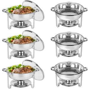 Chafing Dish Buffet Set 6 Pack, 5QT Round Stainless Steel Chafer for Catering in Glass Lid, Chafers and Buffet Warmer Sets w/Food & Water Pan, Lid, Frame, Fuel Holder for Event Party Holiday