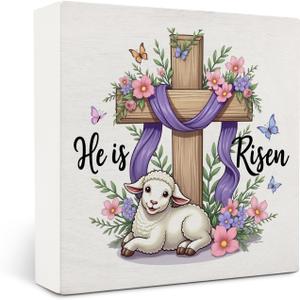 He Is Risen Christian Decor Wood Box Sign,Christian Easter Wooden Sign,Purple Religious Cross Lamb Wooden Signs,Spring Lily Flower Decor For Desk Tabletop Shelf Decoration 5x5 Inches