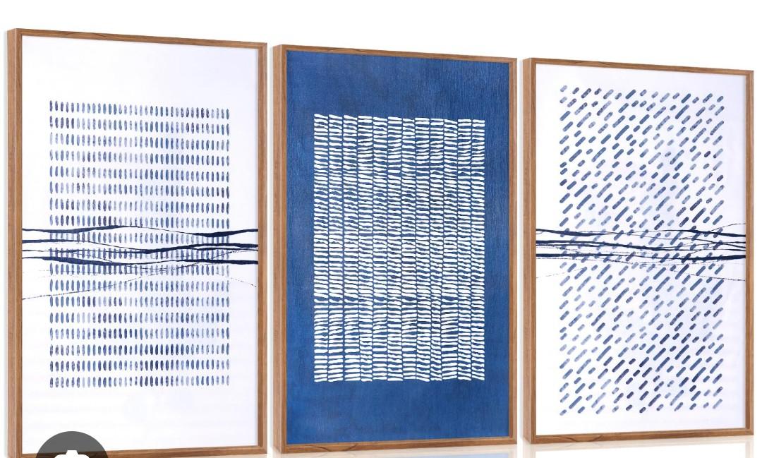 Aurlan Blue and White Abstract Dots Shapes Framed Wall Art(16"x24"), 3 PCS Minimalist Grunge 3D Textured Canvas Artwork, Large Modern Geometric Illustration Art Wall Decor for Office Living Room