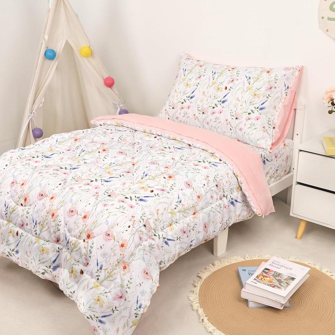 4 Piece Toddler Bedding Set for Girls, Boho Toddler Bed Comforter Set, Ultra Soft & Breathable Crib Bedding Includes Quilted Comforter, Flat Sheet, Fitted Sheet, Pillowcases, Flower