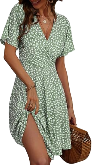 FENSACE Womens Sundress Summer Floral Short Sleeve Wrap V Neck A-Line Midi Dress
Size S