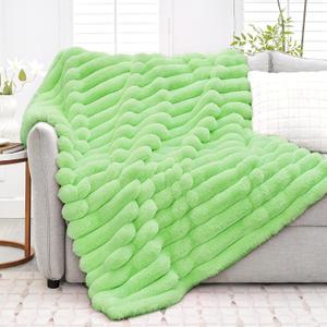 Faux Fur Twin Blanket for Couch,Cozy Soft Plush Thick Striped Luxury Blanket for Sofa Living Room Bedroom,60 * 80 Inches, Cyan