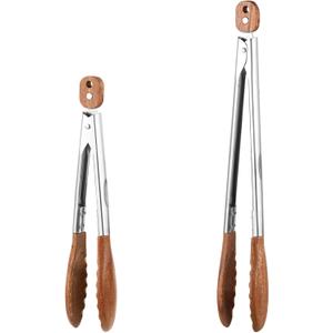 2 Pcs Walnut Wooden Kitchen Tongs with Wooden Tips, Kitchen Tongs Salad Tongs for Cooking-Stainless Steel Handle-Nonstick Cooking Tongs,Wooden Tongs Kitchen for Salad, Serving Food, Grilling