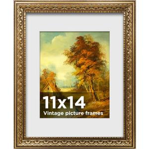 11x14 Vintage Picture Frames,Antique Picture Frame with White Mat for 8x10 Picture,Gold Frame for Wall Decor,1 Pack Ornate Picture Frame,Gold