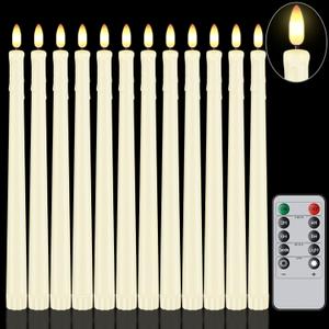 12 Pcs Flameless Taper Candles with Remote Timer, 11" Long Battery Operated Taper Candles, Flickering 3D Flame, Plastic Fake LED Candlesticks for Home Wedding Party Holiday Decor, Ivory
