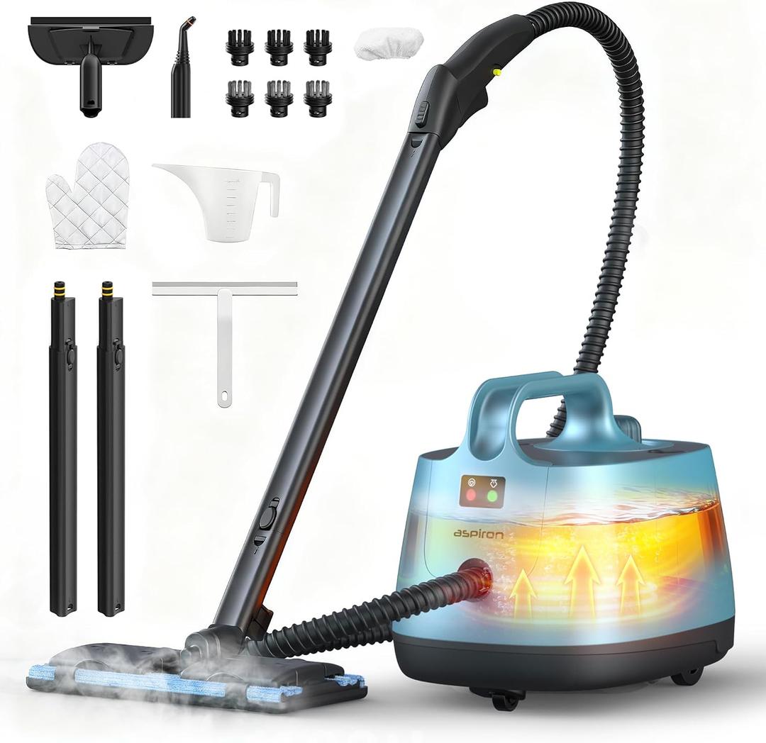 Aspiron Steam Cleaner, 293F 58 PSI Powerful Multipurpose Handheld Steam Mop for Home Use, 21 Attachments, 50Oz Capacity, Heavy Duty Steamer for Carpets, Floors, Cars, Tiles, Crack Cleaning, Blue