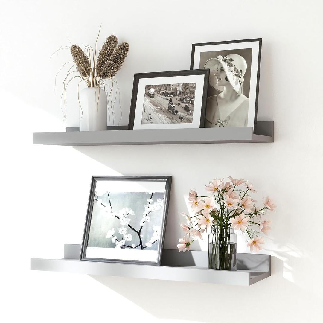 Floating Shelves for Wall Decor, Wall Mounted Wood Storage Shelf for Bedroom, Living Room, Bathroom, Kitchen, Nursery, Display Picture Ledge Shelf with Lip Set of 2-16 Inches, Grey (15.8in)