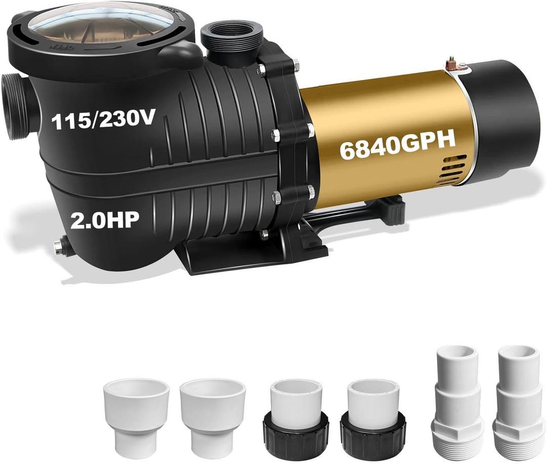 2HP Dual Voltage 115/230v Swimming Pool Pump w/ 1.25" Hose Adapters and 1.5" & 2.0" Pipe Fittings, 6840GPH Qmax, 48FT Hmax, Thermal Protected Long lifespan Pool Motor
