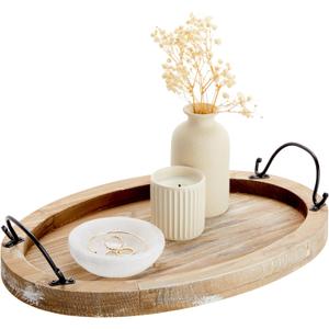 Farmlyn Creek Serving Tray for Coffee Table Decor - 15.8" x 10.8" x 1.3", Oval, Wood Color, Rustic - Decorative Wooden Tray with Handles - Farmhouse Table Decor