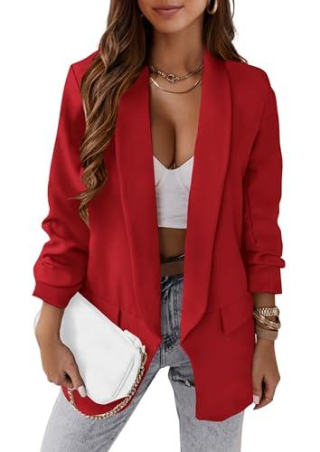 PRETTYGARDEN Womens Casual Blazer 2025 Spring Fall Fashion Long Sleeve Open Front Work Office Suit Jackets (Red,Large)