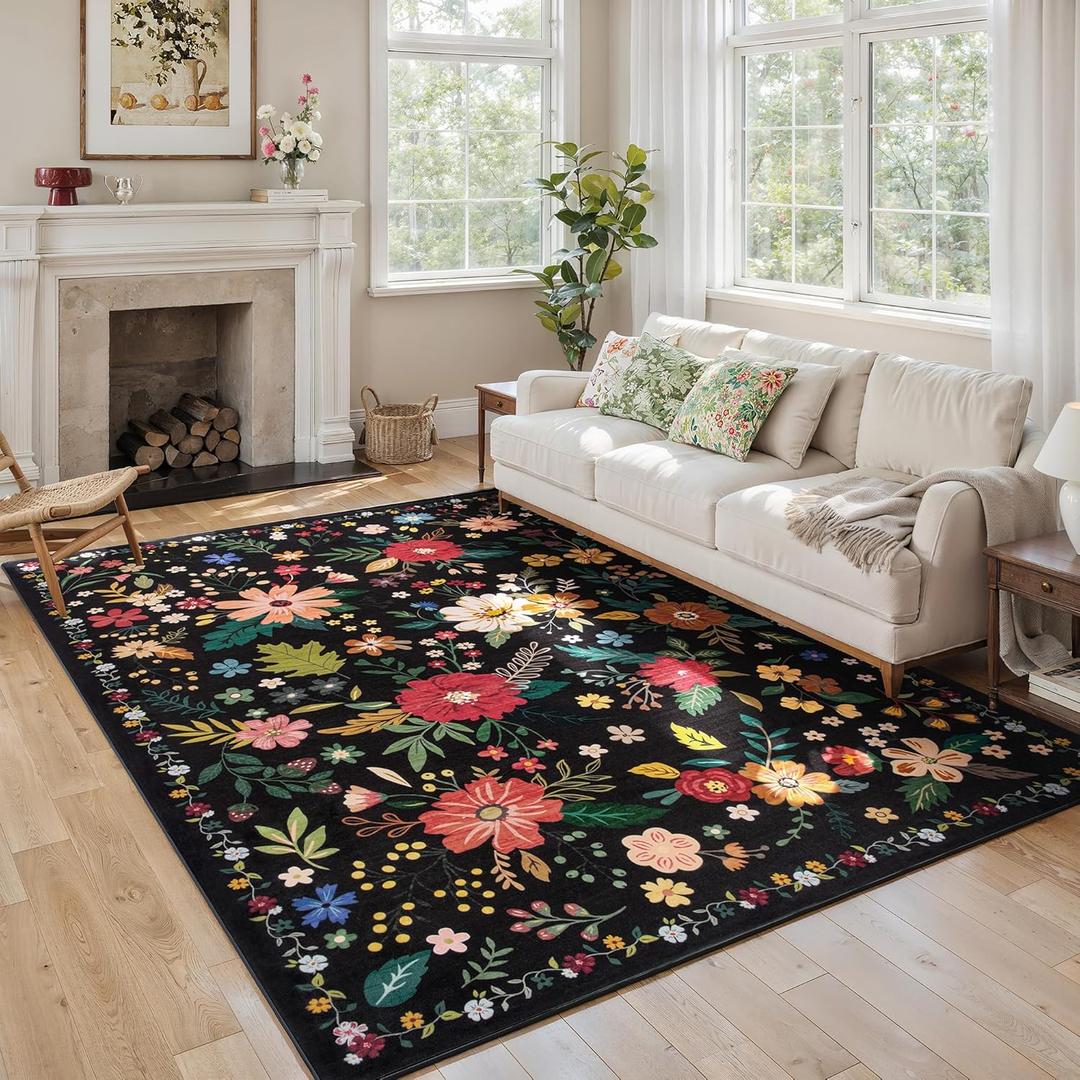 6x9 Black Area Rugs for Living Room, Floral Vintage Washable Rug Boho Non Slip Large Rugs, Low Pile Carpet Spring Decor for Bedroom Dining Room Kids Playroom Dorm
