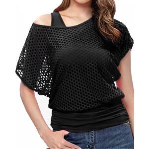 WILDPARTY Women's Casual Sexy Off Shoulder T-Shirt, 80s 90s Outfit 80's Costume Fishnet Neon Shirt Summer Short Sleeve (Large)