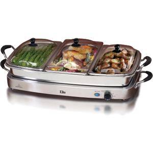 Elite Gourmet EWM-9933 Triple 3 x 2.5 Quart Trays Buffet Server 7.5 Qt Oven Safe Pan Food Warmer, Temperature Control, Clear Slotted Lids, Perfect for Parties, Entertaining & Holidays, Stainless Steel (7.5 Quart / 4 Trays)
