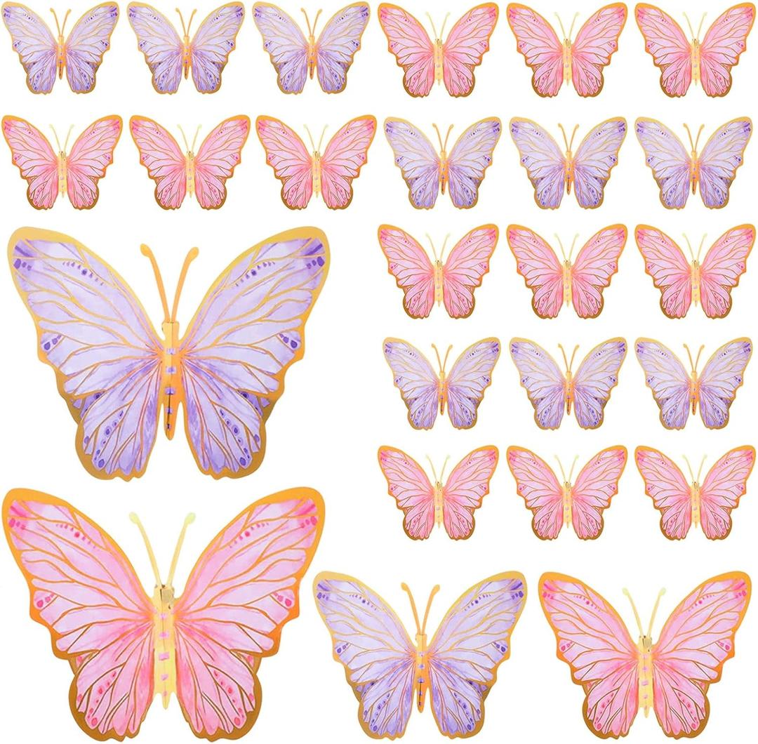 Outus 48 Pcs 3D Large Butterfly Party Decoration Paper Stickers in 3 Different Size Butterfly Wall Mural Set for Birthday Baby Shower Nursery Bedroom Wedding(Pink, Purple)