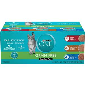 Purina ONE Grain Free Pate Wet Cat Food Variety Pack, 24 Pack 3 oz Cans Grain free, beef, chicken, and whitefish pate recipes made with no artificial colors, flavors or preservatives for adult cats, BBD 03/2028