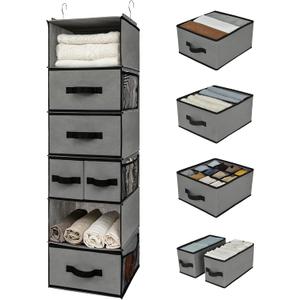 GRANNY SAYS Hanging Closet Organizer 6 Shelves, Closet Organizers and Storage with 5 Drawers, 6 Side Pockets Closet Hanging Organizer, Hanging Storage Organizer for Closet, Baby Clothes, Gray