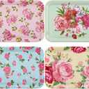 4 Pcs Melamine Serving Trays Platters Snack Trays Reusable Rectangle Platters for Sports Game Day Flower Tea Party Food Dessert Cookies Serving Plates Supplies, 13 x 9.7 Inch(Flower)
