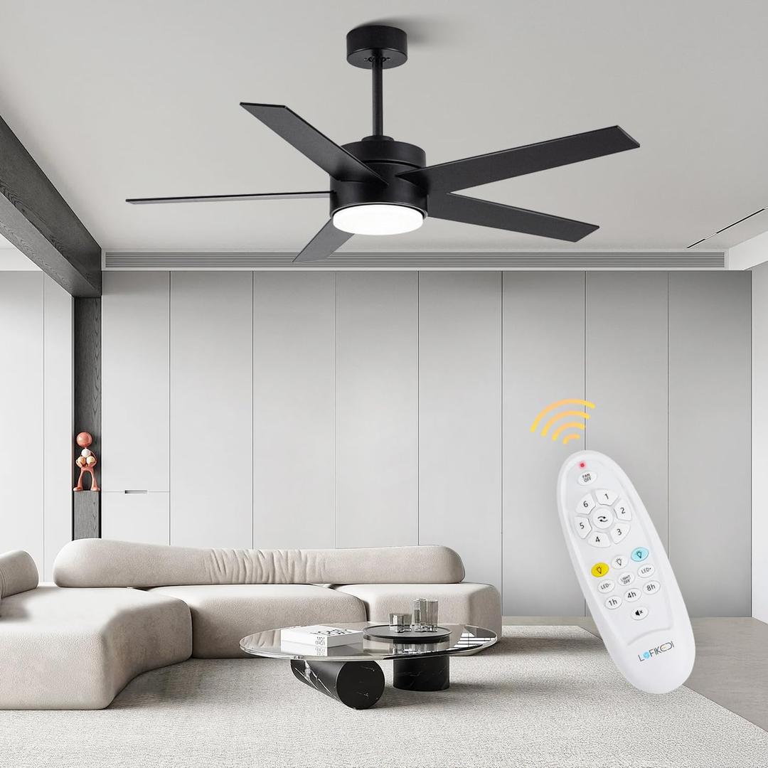 Ceiling Fans with Lights and Remote, 52 inch Modern Ceiling Fan with Light, Reversible, 3CCT, Dimmable, Noiseless Black Ceiling Fan for Living Room & Bedroom (52)