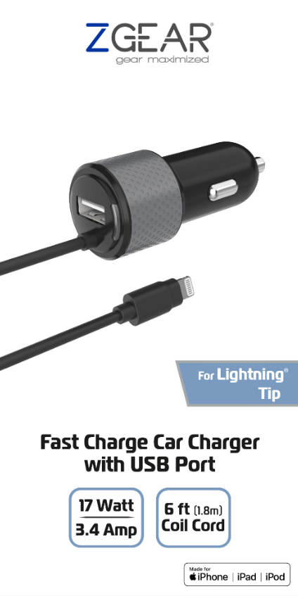 ZGEAR Fast Charge Car Charger  with USB port 17 Watt