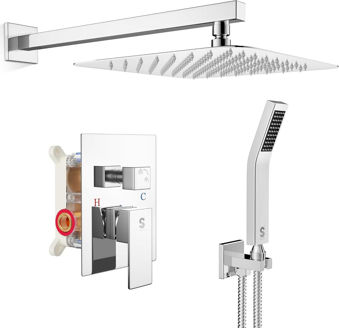 SR SUN RISE SRSH-D1203 12 Inches Bathroom Luxury Rain Mixer Shower Combo Set Wall Mounted Rainfall Shower Head System Polished Chrome Shower Faucet Rough-in Valve Body and Trim Included (12 Inch, Polished Chrome)