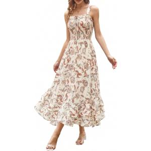 GRACE KARIN Women's 2026 Summer Floral Boho Dress Square Neck Strapped Swing A Line Sundress Beach Long Maxi Outfits (Medium, Beige)