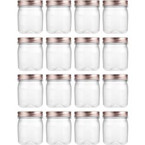 novelinks 8 oz Clear Plastic Jars with Airtight Lids, 16 Pack Plastic Mason Jars with Lids 8oz, Refillable Storage Slime Containers & Small Spice Jar for Kitchen Organization (16 Pack,Rose Gold)