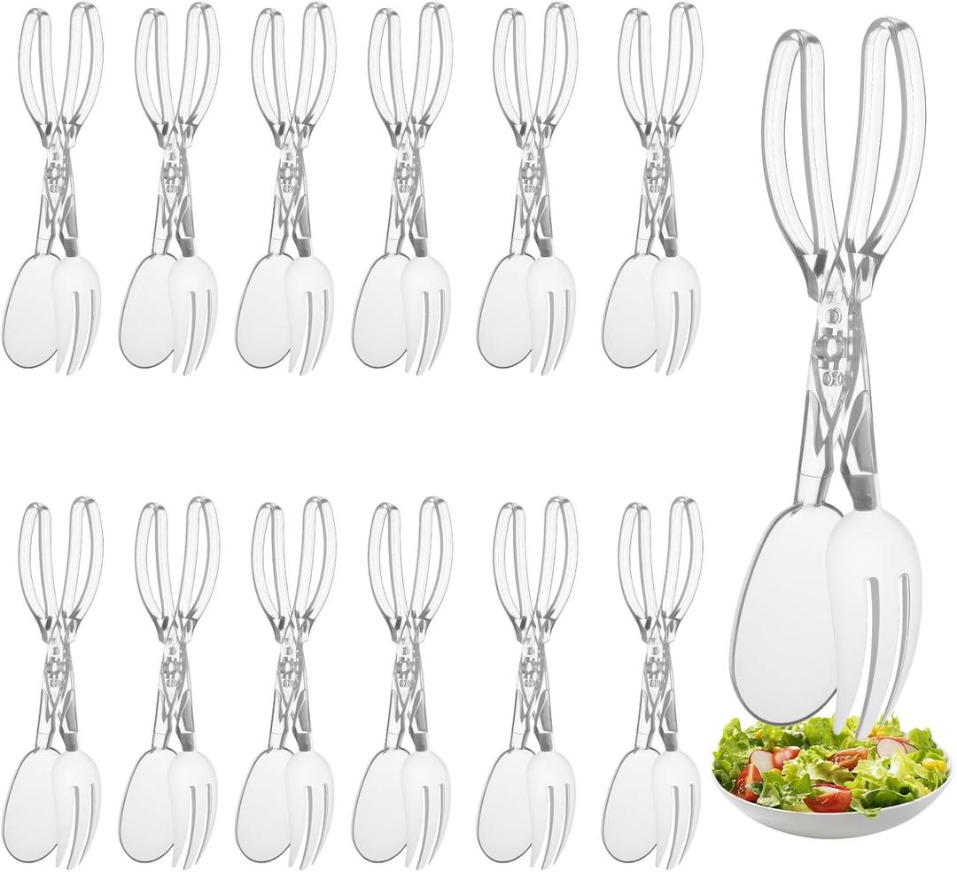 Set of 12 Plastic Salad Scissor Tongs 11.5 Inches for Serving Reusable Food Tongs, Clear Utensils for Chef Cooking, Kitchen, Buffet, Party, Catering Supplies