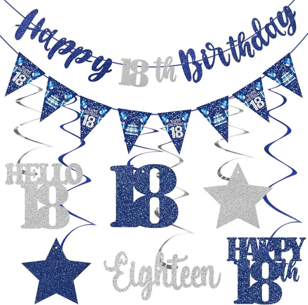 Blue Silver 18th Birthday Decorations for Boys Girls, Happy 18th Birthday Banner Stars Eighteen Years Old Hanging Swirls Hello 18 Bday Decor Party Supplies Sign