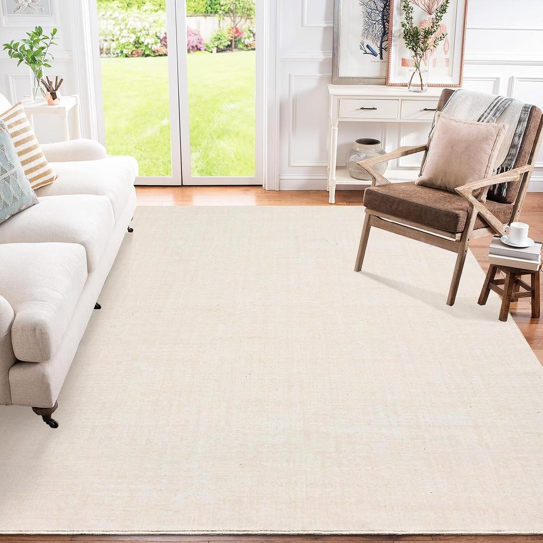 GlowSol Washable Rugs 8x10 Solid Textured Living Room Rugs, Large Modern Accent Carpet Stain-Resistant Contemporary Distressed Carpet, Soft Low Pile Carpet for Bedroom, Farmhouse, Office, Beige