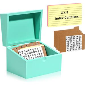 3 x 5 Index Card Organizer Wood Index Card Box Blue Index Card Holder Bamboo Recipe Card Holder with 100 Ruled Lined Index Cards 5 Kraft Dividers A-Z Stickers for Holds 400 Cards Tabs Flash Cards